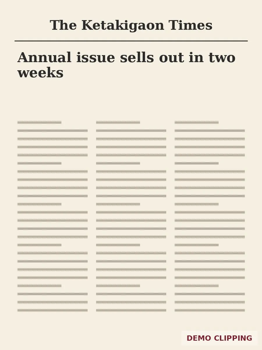 Open clipping from The Ketakigaon Times: Annual issue sells out in two weeks